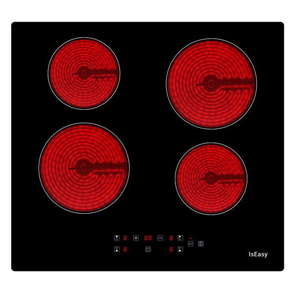IsEasy 23" Glass Ceramic Hob, 6000W, 4 Cooking Zones, Built-in, Frameless, 9 Heat Settings, Compatible with Most Pots